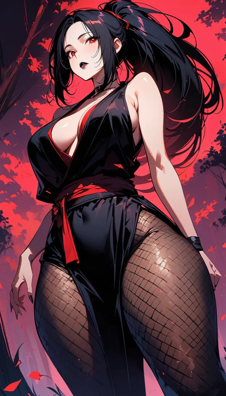 (high quality, 8k, 4K, high contrast, artwork:1.2, high quality, best aesthetics), (dynamic angle), ((1 woman)), erotic, sensual, mature body, super detailed, beautiful face detailed, beautiful eyes detailed, detailed beautiful mouth, sexy body, perfect breats, perfect wide thighs, black hair, short black hair, ponytail hair, red eyes, serious facial expression, women's black ninja kimono with red clouds printed, black fishnet pantyhose, black lipstick, kunoichi, ninja girl, forest, standing, erect posture, centralized, looking at the viewer, front view.