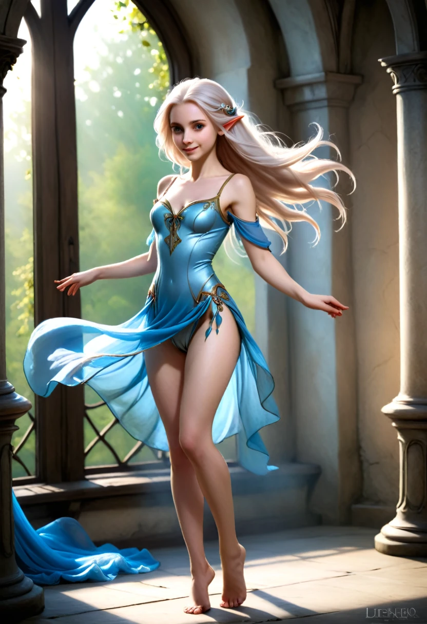 (Realistic:1.4), full photo of elf woman in the elven fairy castle, pale lank disheveled hair, delicate features of a thin face, cute sexy, pleasure, perfect full body, dancing with the wind, Fantasy style, 8K, proffesional photography, Hi-Def, lifelike skin, Without cosmetics, background of the Middle Ages, The sun shines its rays playing with shadows, bokeh