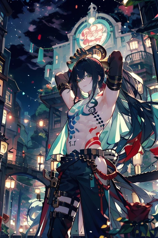 Uhd, absurdres, best_quality, masterpiece, best quality, 1boy, solo, adult, (man), ((male)), yan qing, very muscular, fit, (long black hair), (low ponytail), straight hair, , (((large tattoo of red roses on abdomen))), armpit, (navy muscle wraps on arms, navy sleeves), looking at viewer, ((navy pants)), close-up, bangs, arm guards, gauntlets, large obi belt, ((mint green eyes)), rose garden, city in background,