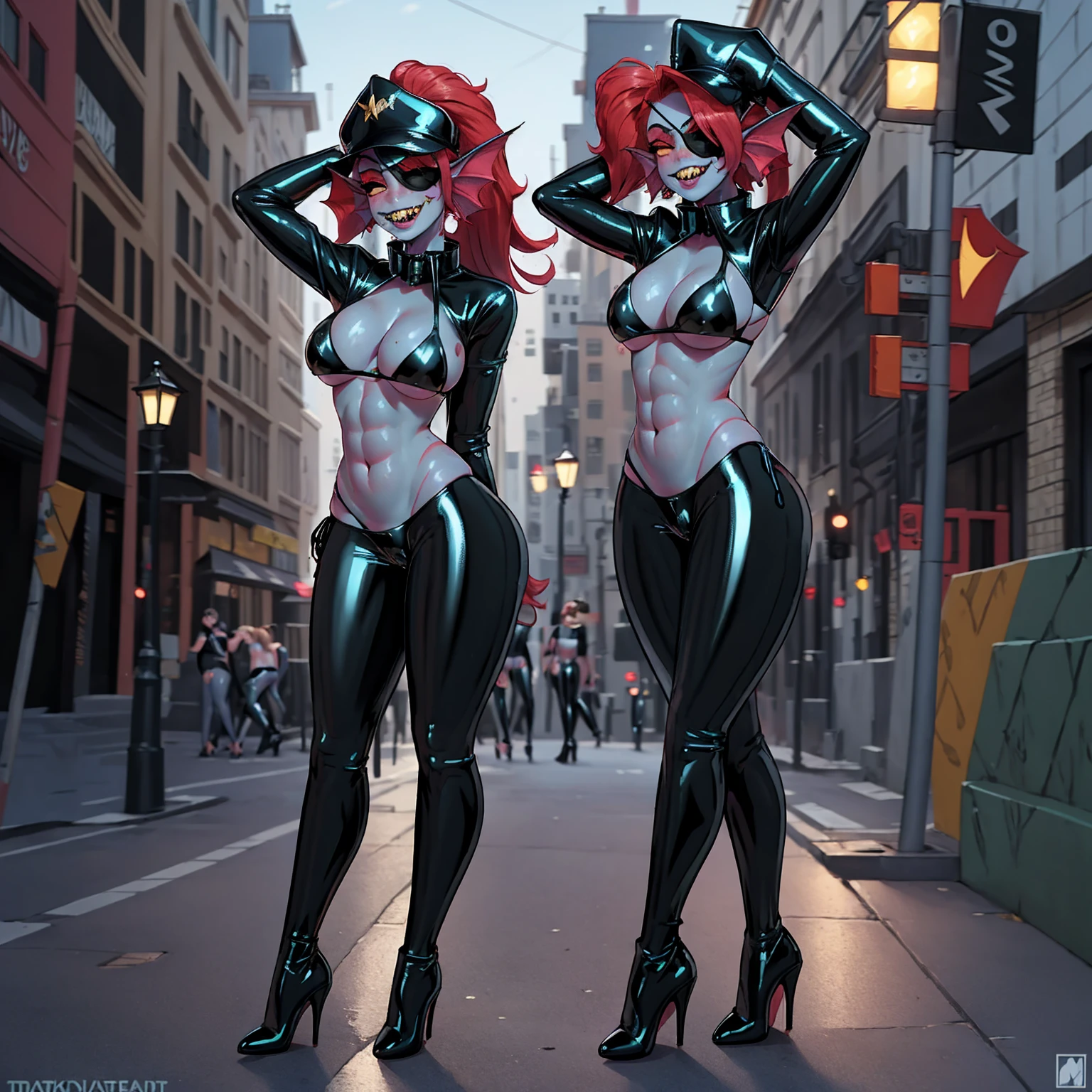 solo, 1girl, undyne, blue skin, female, (big bottom lip:1.3), (black lip gloss:1.3), large breasts, black leather collar, blue eyeshadow, (black latex bikini:1.6), (nipple outline:0.75), (black heels:1.4), (street corner:1.4), hands behind head, sexy pose, late night, street light, standing upright, very tall, yellow teeth, sharp teeth, laughing, black eye patch, looking at viewer, by darkgem, by wfa, by BNG,