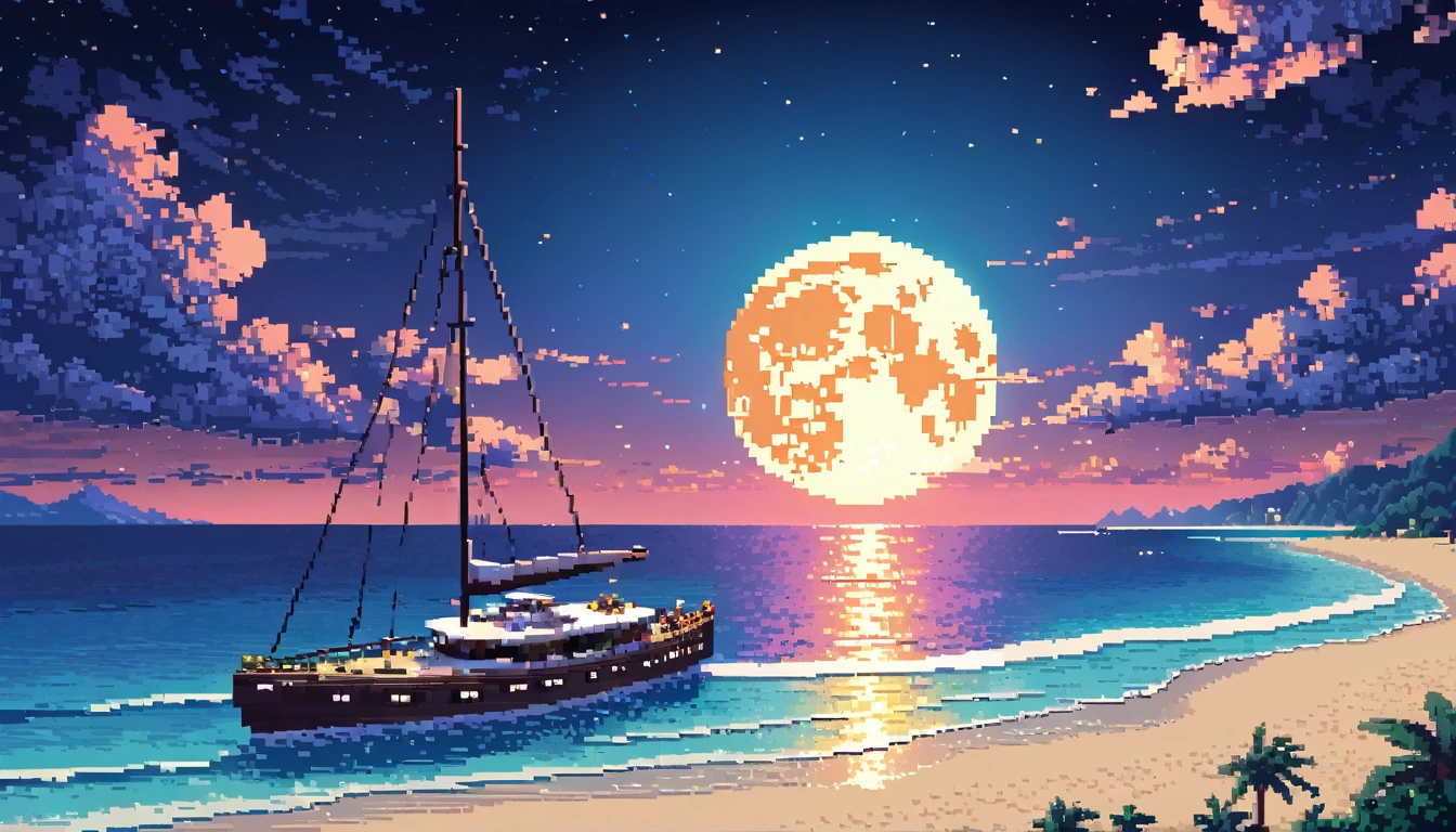 Yacht floating in the middle of beach, star-filled and full moon night sky above, intricate pixelart style, HDR, 8k, high quality, relaxing color palette, one yahct, shot from far.