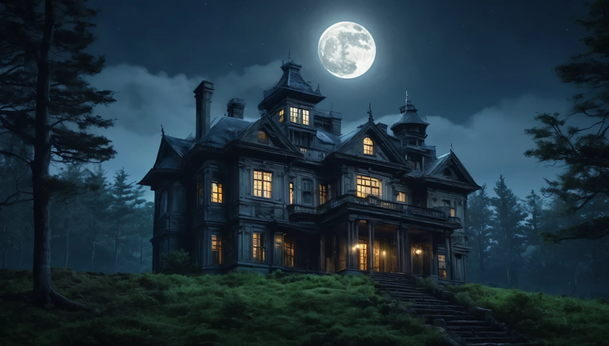 create the image of a gloomy, weathered mansion high on a hill, surrounded by dense forest, it's night and the full moon shines overhead 4k realistic