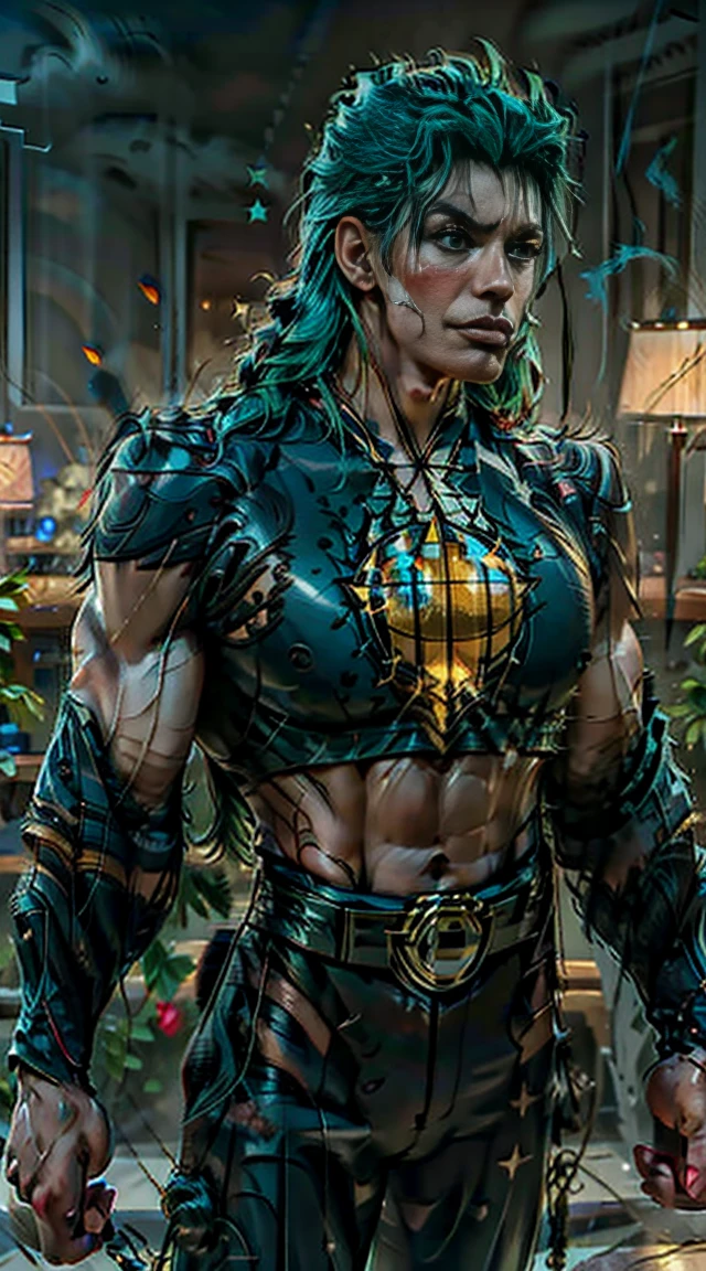 (((female captain planet))), design sheet, captain planet, colored skin, green hair, masterpiece, slendered abs ,muscular, veins, big arms, chiseled chest, detailed , shiny skin, powerful, godlike