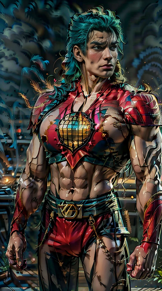 (((female captain planet))), design sheet, captain planet, colored skin, green hair, masterpiece, slendered abs ,muscular, veins, big arms, chiseled chest, detailed , shiny skin, powerful, godlike