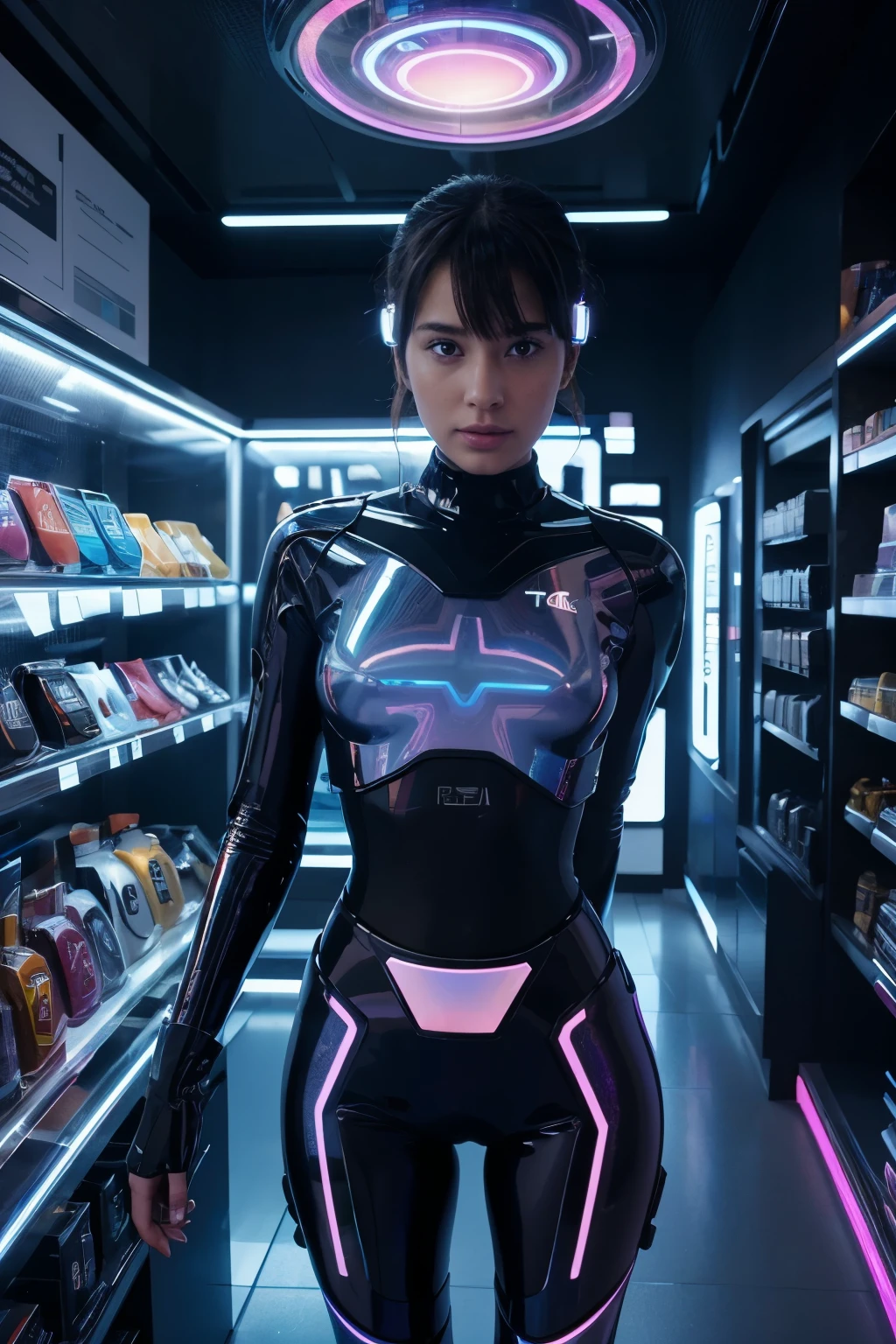 Describe a holographic store on TikTok of a futuristic world where gadgets are displayed in augmented reality showcases. Detail innovative technological products, the vibrant lighting of the store and the interaction of customers with gadgets through holograms or virtual reality devices