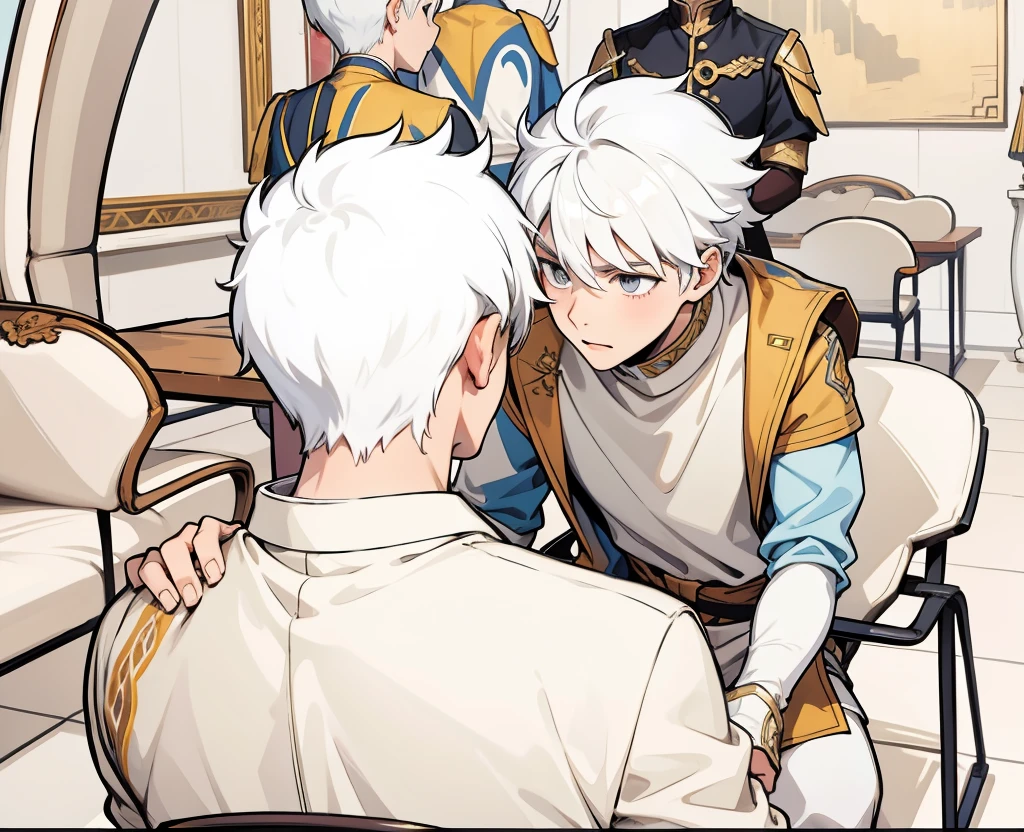 He puts his hand on the boy's shoulder, the boy with white hair, yellow eyes, speaks to him with kindness and patience.