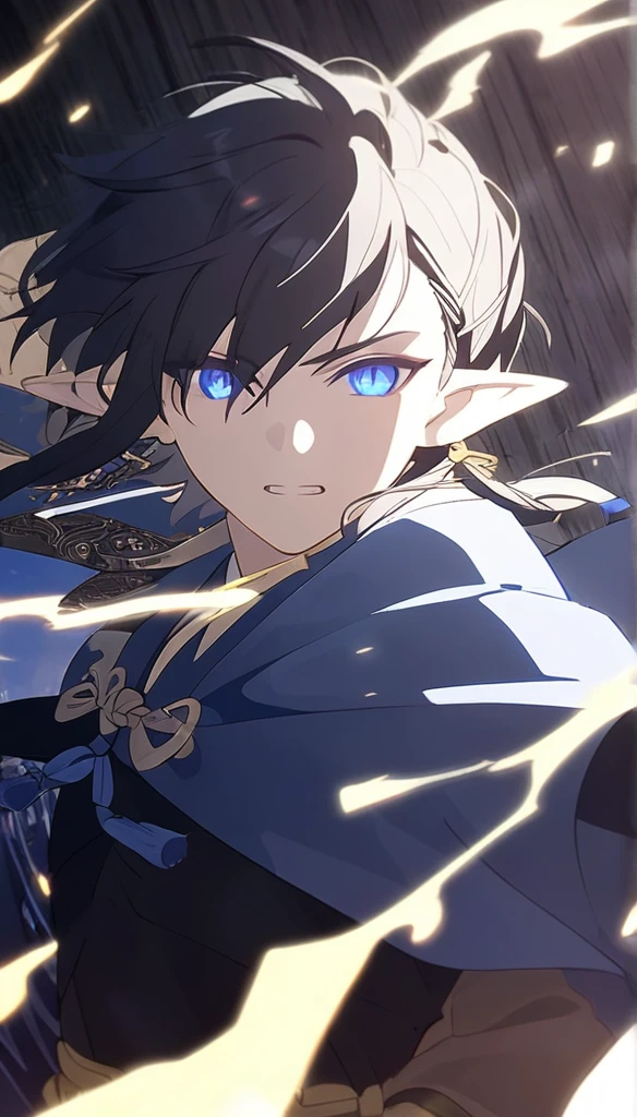 1man, elven ears, electric god, blue black hair, short messy hairstyle, glowing blue eyes, electric spark, monk, elegant thai clothes,