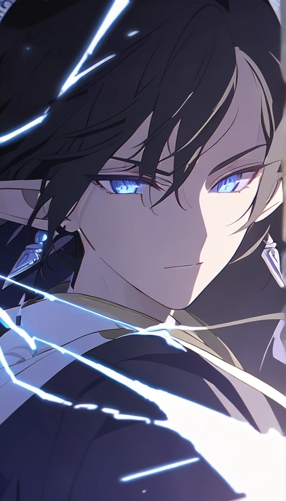 1man, elven ears, electric god, blue black hair, short messy hairstyle, glowing blue eyes, electric spark, monk, elegant thai clothes,