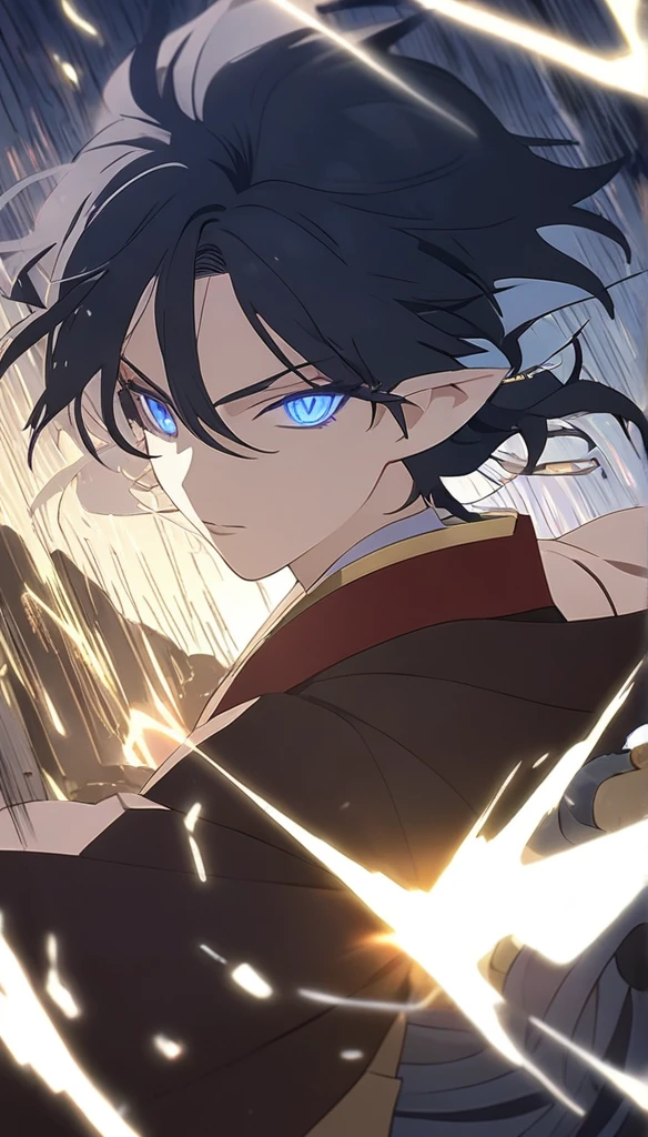 1man, elven ears, electric god, blue black hair, short messy hairstyle, glowing blue eyes, electric spark, monk, elegant thai clothes,