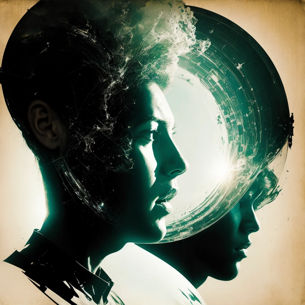 double exposure complex art , surreal alien futuristic astronaut lost on earth, on a cracked paper, extremely dynamic, unusual , vintage, noir cinema