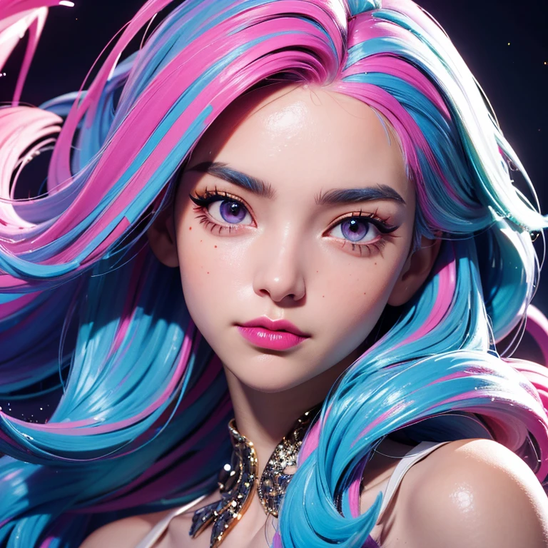 a portrait of a woman who looks very bored, glitter slime dripping from her face, she has long hair with colored streaks, neon lipstick