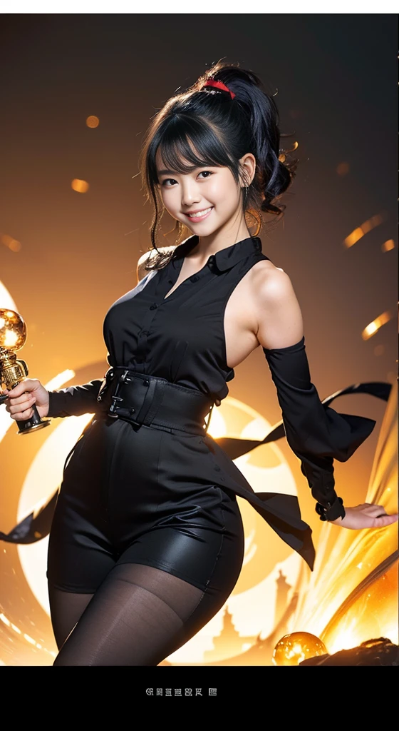 (8K、Raw photography、Highest quality、masterpiece:1.2),(Black Hair、Dark Eyes:1.9),(:1.6)、View your audience,Viewed from the front,White skin,(ponytail:1.3)、(Tight waist:1.6)、(Clothes that accentuate the shape of the breasts:1.0)、(Big Breasts :1.3)、Slim figure、Ultra-high resolution,beautiful,beautiful fece,(One person、No background:1.9),whole bodyボディー,Japanese women,(reality的:1.37)、Photon Mapping,reality、(Baby-faced and cute: 1.4)、(Cute Smile: 1.8)、(Round face: 1.8)、Radio City、Physically Based Rendering、Depth of field rally background、photograph, (I can see your knees、Thigh close-up:1.8),(Camel Toe:1.6),whole body、Great quality