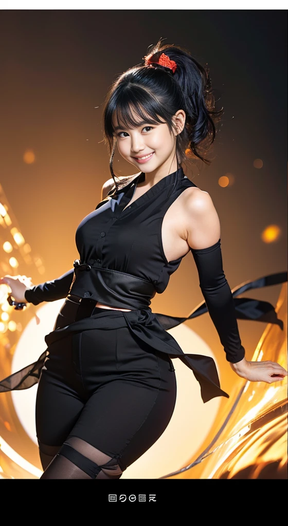 (8K、Raw photography、Highest quality、masterpiece:1.2),(Black Hair、Dark Eyes:1.9),(:1.6)、View your audience,Viewed from the front,White skin,(ponytail:1.3)、(Tight waist:1.6)、(Clothes that accentuate the shape of the breasts:1.0)、(Big Breasts :1.3)、Slim figure、Ultra-high resolution,beautiful,beautiful fece,(One person、No background:1.9),whole bodyボディー,Japanese women,(reality的:1.37)、Photon Mapping,reality、(Baby-faced and cute: 1.4)、(Cute Smile: 1.8)、(Round face: 1.8)、Radio City、Physically Based Rendering、Depth of field rally background、photograph, (I can see your knees、Thigh close-up:1.8),(Camel Toe:1.6),whole body、Great quality