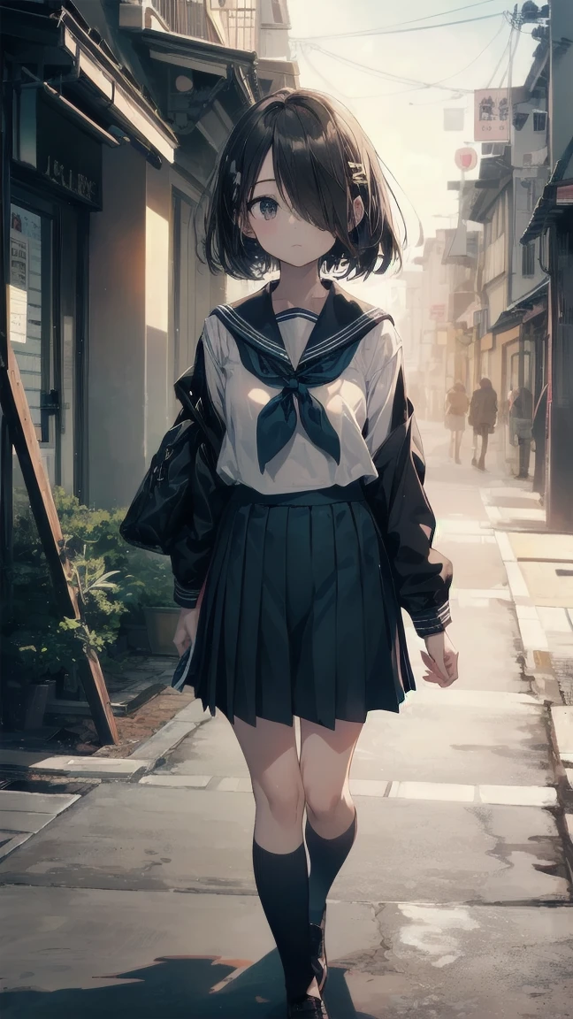 highest quality, moe anime art style, best 8K anime wallpaper Kona-chan, Pixiv contest winners, perfect anatomy, (please draw a girl walking sleepily to school), break, 1 girl, (alone at night, 19 years old: 1.9 with a gloomy adult face), high school student, short hair, quantity, (hair above one eye: 1.7), frown, all limbs, full finger, medium breasts, between legs, small eyes, precise black eyes, hair clip, (sailor costume: 1.5), (school uniform: 1.5) skirt near the knee. Interval, super detailed, high resolution, super dense skin, professional lighting, 8K eye details, (cute illustration: 1.2), dark, dark hair, expressionless, (hair over one eye: 1.5), sailor uniform, she was sleepy and walking in a dark alley in Japan, lifeless and dark place, everything gray