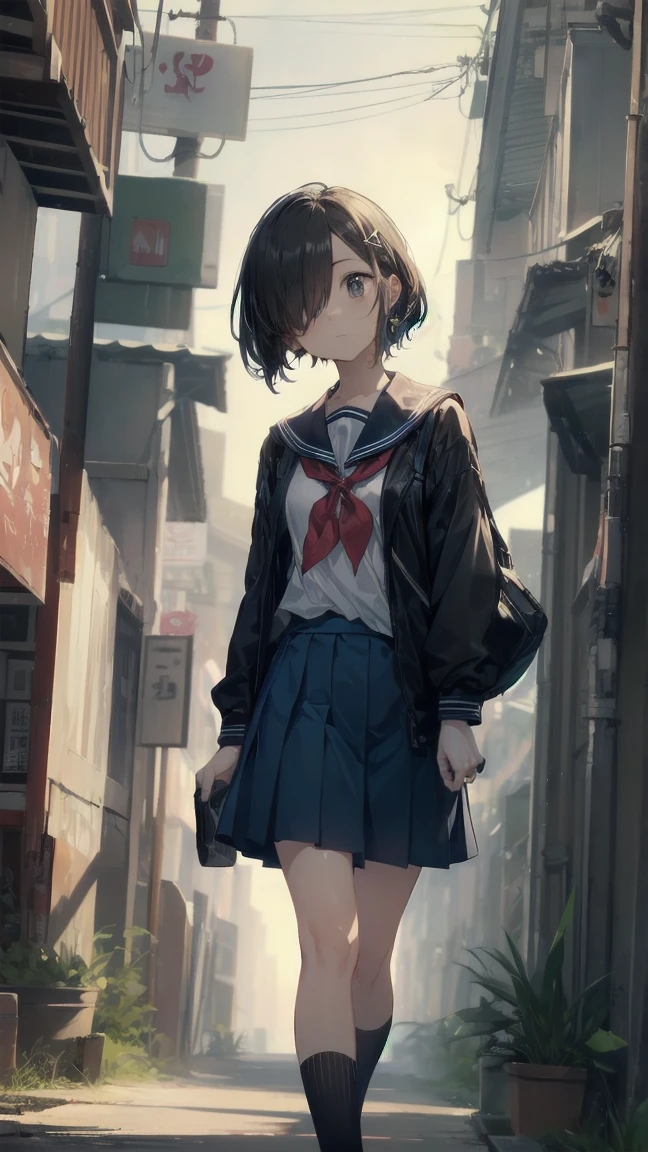 highest quality, moe anime art style, best 8K anime wallpaper Kona-chan, Pixiv contest winners, perfect anatomy, (please draw a girl walking sleepily to school), break, 1 girl, (alone at night, 19 years old: 1.9 with a gloomy adult face), high school student, short hair, quantity, (hair above one eye: 1.7), frown, all limbs, full finger, medium breasts, between legs, small eyes, precise black eyes, hair clip, (sailor costume: 1.5), (school uniform: 1.5) skirt near the knee. Interval, super detailed, high resolution, super dense skin, professional lighting, 8K eye details, (cute illustration: 1.2), dark, dark hair, expressionless, (hair over one eye: 1.5), sailor uniform, she was sleepy and walking in a dark alley in Japan, lifeless and dark place, everything gray