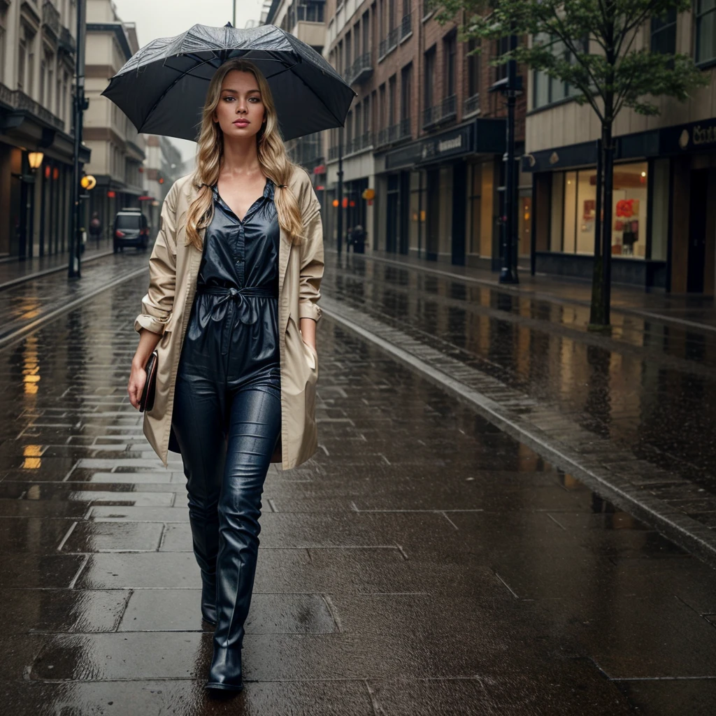 A blonde woman in her 30s with blue eyes is standing outdoors in a rainy and dark setting. She has her long hair elegantly styled and tied back in either a ponytail or a chignon. She is dressed in stylish, rain-appropriate clothing, such as a raincoat and waterproof boots. She is holding an open umbrella by its handle with one hand above her head. The background shows a rainy city street with reflections on the wet pavement, creating a moody and atmospheric scene. The lighting is naturally dim due to the overcast skies and rain. She is alone in the image.
The image should capture a realistic and high-quality look, with an emphasis on the rainy, dark atmosphere. Everything in the image, including the woman, her rain-appropriate outfit, and the setting, should be as detailed and realistic as possible. The facial details, hair, and clothing textures, especially the raincoat and umbrella, should be extremely lifelike, with intricate textures. Raindrops on the umbrella and reflections on the wet pavement should be clearly visible. All textures in the image should be enhanced to an ultra-realistic level. Additionally, add a subtle film grain effect to the image to give it a cinematic quality. The image should have the crystal clear quality of a Fujifilm XT3 photograph, with the beautiful figure framed at the center. The woman's body should have slightly more generous curves, enhancing her natural figure in a tasteful and realistic manner. Everything should be the highest possible quality with the most realistic details