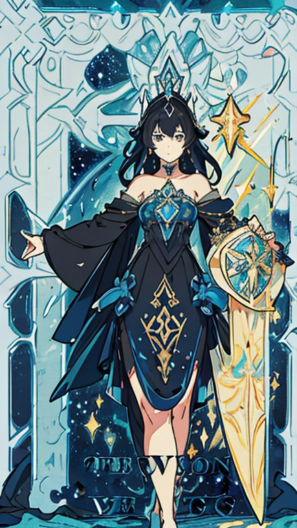 (Flat color:1.1),(Colorful:1.3),(Masterpiece:1.2), Best quality, Masterpiece, Original, Full body photo，Very detailed wallpaper,Solo，Blue starry sky，tarot card layout，Best quality, Masterpiece, (Realistic:0.6), Realistic lighting,Flower frame， Decorative panels， abstract artistic， Alphonse Mucha （tmasterpiece， best qualtiy， A high resolution： 1.4）， A detailed， Complicated details， 4K，cerulean， Line art， Fibonacci, 1 solo woman, black hair, queen, evil villainess, badass, beautiful gown, high-low dress, showing legs, dramatic dress, lots of embroidery, galaxy dress, night sky dress, celestial dress, evil goddess queen woman