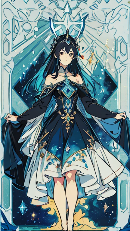 (Flat color:1.1),(Colorful:1.3),(Masterpiece:1.2), Best quality, Masterpiece, Original, Full body photo，Very detailed wallpaper,Solo，Blue starry sky，tarot card layout，Best quality, Masterpiece, (Realistic:0.6), Realistic lighting,Flower frame， Decorative panels， abstract artistic， Alphonse Mucha （tmasterpiece， best qualtiy， A high resolution： 1.4）， A detailed， Complicated details， 4K，cerulean， Line art， Fibonacci, 1 solo woman, black hair, queen, evil villainess, badass, beautiful gown, high-low dress, showing legs, dramatic dress, lots of embroidery, galaxy dress, night sky dress, celestial dress, evil goddess queen woman