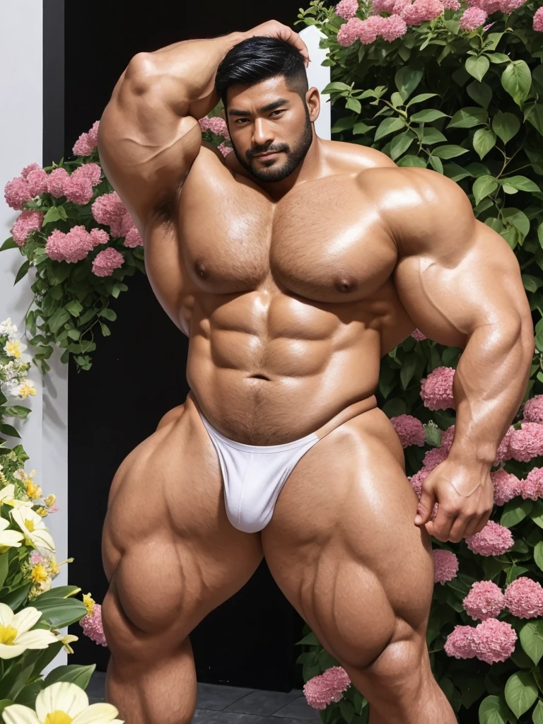 There is only one handsome Asian actor in the picture,30 years old,Tall and handsome, Toned body,short hair, O-Shaped Beard,Perfect body, Dark skin,Glowing skin,Smooth skin,The body is hairless,Muscle bulge, Muscular, Very large pectoral muscles,Very sexy abdominal muscles,Very well-developed leg muscles,Huge concave and convex area,Brightens oily skin,Wearing a gold leather shiny thong,Handsome face, Correct and accurate male body proportions, Wear white socks,Stand among the flowers。