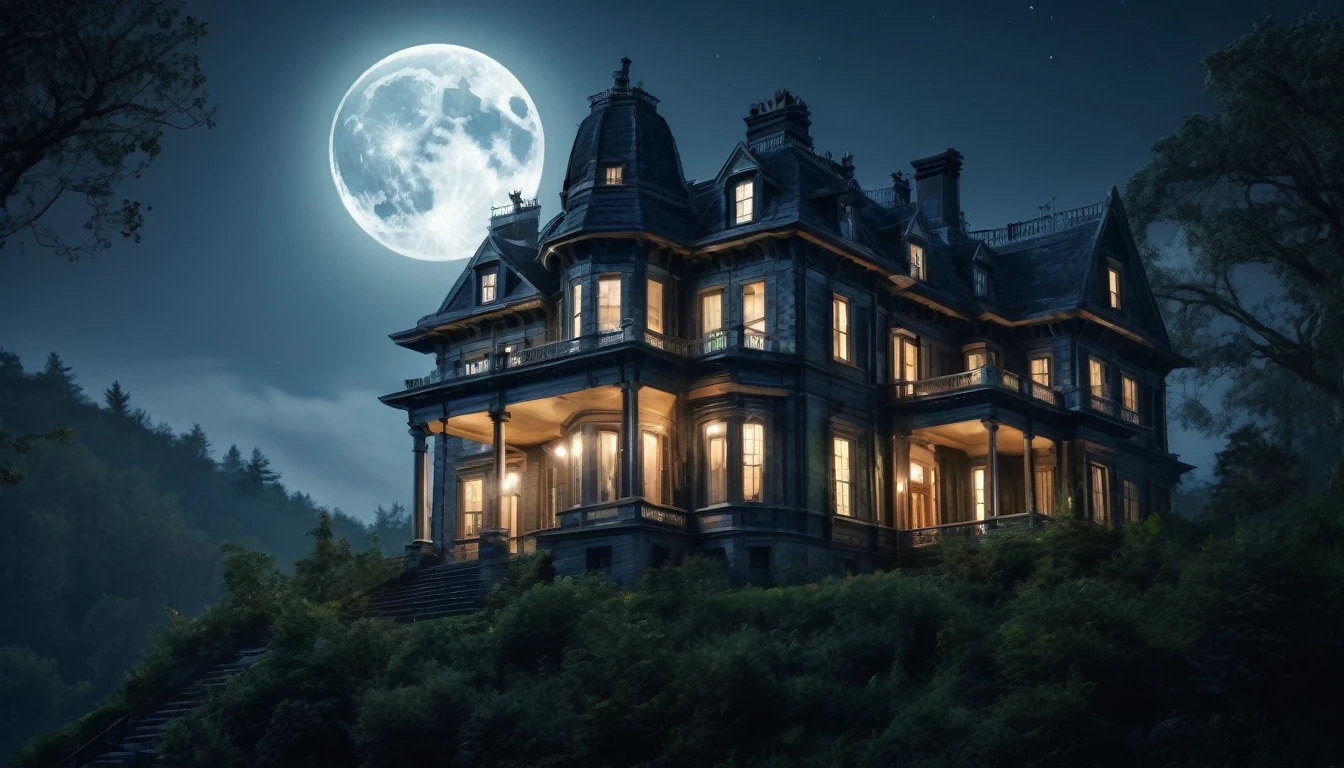 create an image of a gloomy, weathered mansion on top of a hill, surrounded by a dense forest, it's night and the full moon shines overhead, all the lights are off inside the mansion, but there are ghosts in the windows behind realistic 4k peek