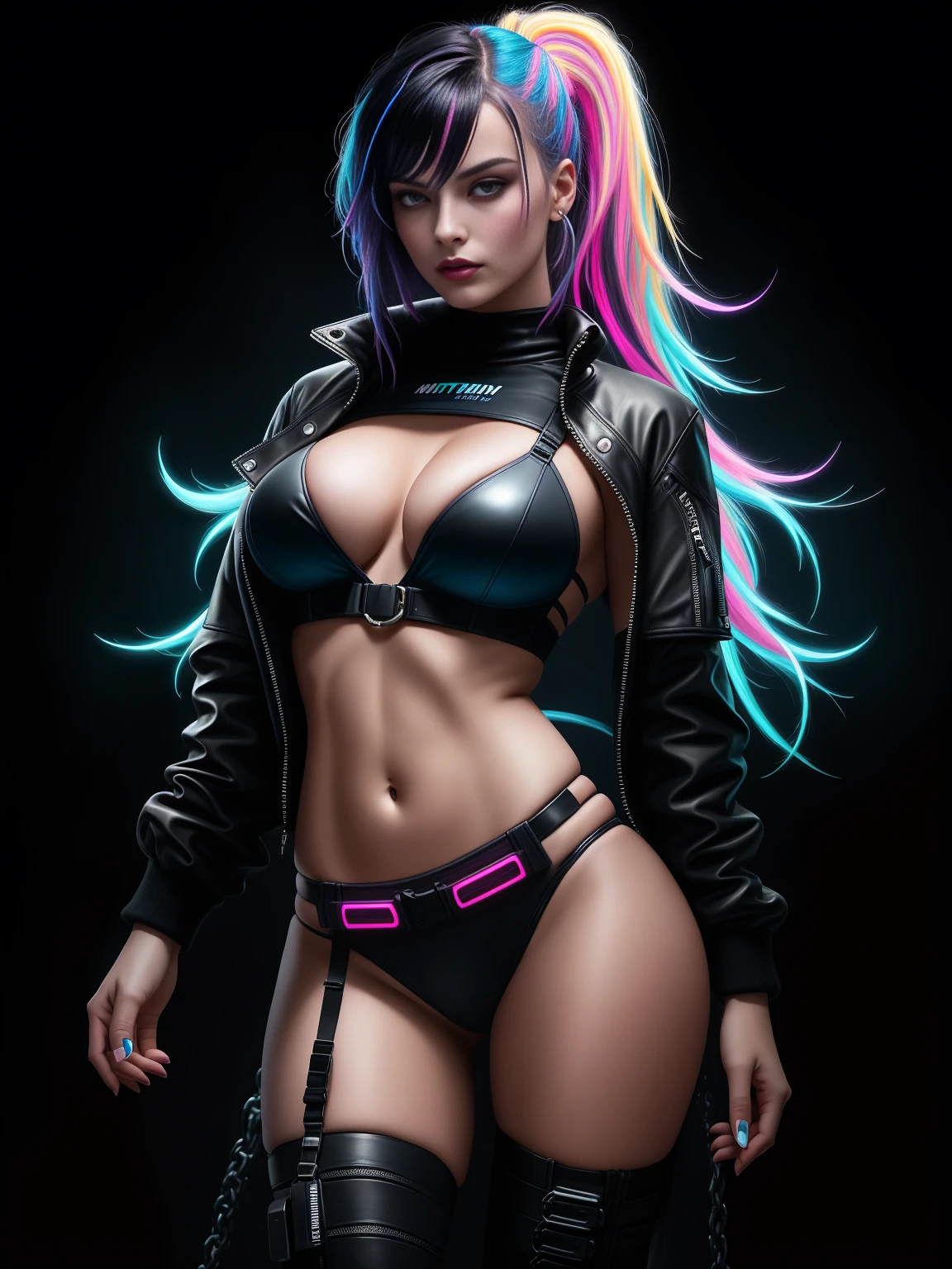 there is Margot Robbie, navy blue and bright purple neon streaked hair, hair in pony tail, 3 d neon art of a womans body, neon-noir background, cyberpunk femme fatale, seductive cyberpunk dark fantasy, cyberpunk strip clubs, cyberpunk 20 y. o model girl, oppai cyberpunk, banner, high definition cgsociety, cgsociety masterpiece, trending on cgstation, kda, random hair, looking at camera, gigantic breasts, cleavage, (high detailed skin:1.2), 8k uhd, dslr, super lighting, high quality, film grain, high res, highly detailed, hyper realistic, beautiful face, beautiful body, beautiful eyes nose lips, alluring expression, very bold, upper visible, full body photo, standing legs apart, pale translucent glowing skin, most beautiful face, cute, (well defined pubic hair:1.2)), (dark plain black background:1.4))