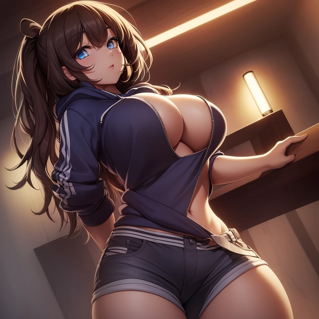 (insane lighting), (wide hips and boobs), solo, 1girl, masterpiece, ultra high quality, very high definition, perfect generation, beautiful woman wearing a hoodie and shorts