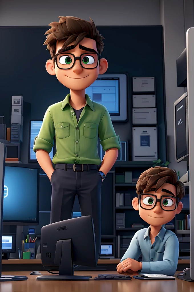 An enthusiastic young man, wearing glasses and a casual shirt, is standing next to a large desktop computer that appears to be turned off and has a black screen.
The man has both hands extended over the computer, with eyes closed and an expression of intense concentration on his face.
Tiny sparks of blue and green light are coming out of the man's fingers, flowing towards the keyboard and computer screen.