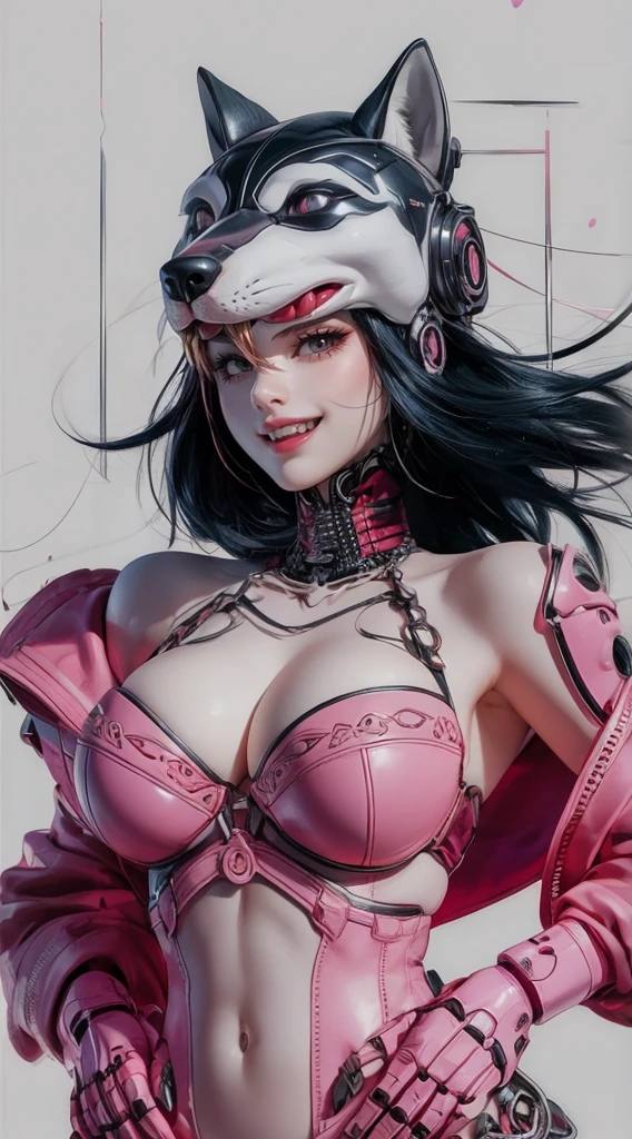 A stunningly detailed, photorealistic anime illustration of a busty woman with a robotic wolf-faced head and porcelain skin. Her human body is adorned with intricate leather fashion, and she sports long black hair that flows in the wind. Her piercing golden vampire fangs are visible as she bares a slight smile. The background is a pristine white, allowing the subject to stand out with her vibrant pink details and futuristic, cyberpunk aesthetic., illustration, anime