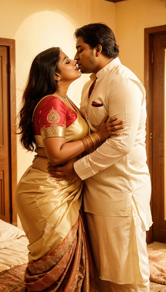 A radiant, full-figured plus sized South Indian 45 year old curvy bride wearing a off white colour silky saree affectionately standing hugging and kissing a 23 year old man in a bed room, , captured in a full-body image with vibrant hues and meticulous details. Full body image