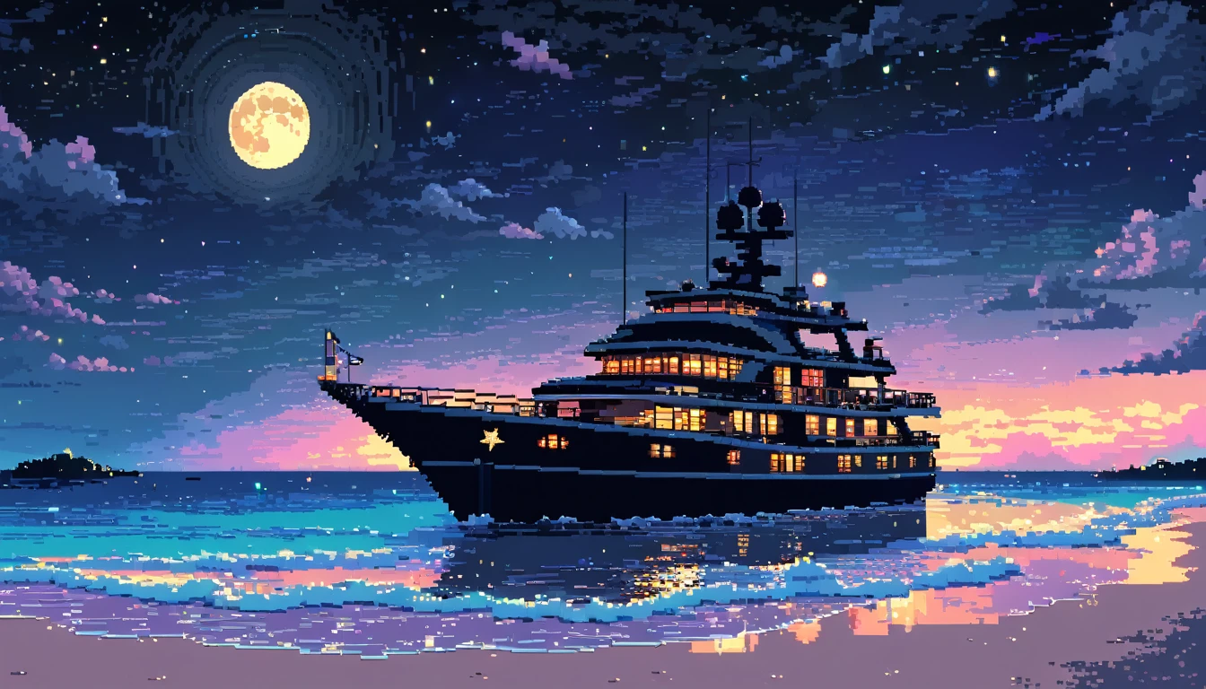 Yacht floating in the middle of beach, star-filled and full moon night sky above, intricate pixelart style, HDR, 8k, high quality, relaxing color palette, one yahct, shot from far, black sky.
