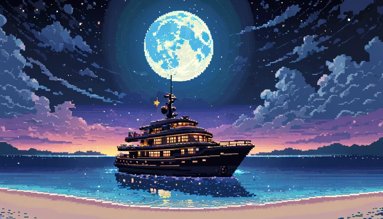 Yacht floating in the middle of beach, star-filled and full moon night sky above, intricate pixelart style, HDR, 8k, high quality, relaxing color palette, one yahct, shot from far, black sky.