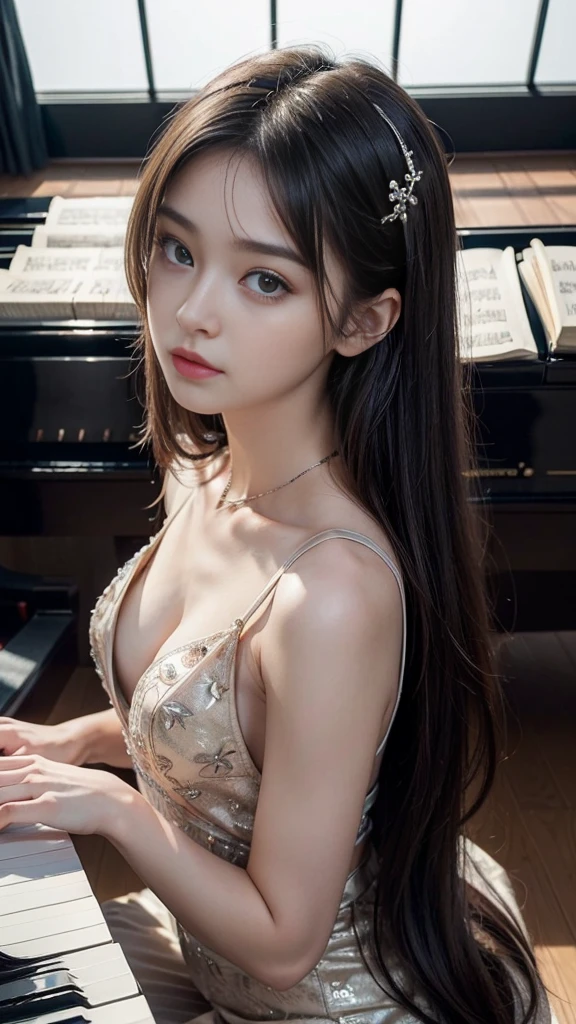 ((Beautiful girl playing piano in the living room, Practicing the piano)), super detailed piano, From above, Mysterious Space, clear々A nice morning, Living room of the mansion, Foliage plant, Window, (, Baby Face:1.r楚な黒ドレス), (Slender body line), (Beautiful breasts, Fascinating Cleavage:1.2), Small beautiful butt, (((Chest flickering:1.3))), ((Detailed eyes and face, Professional photography techniques, Cinema Lighting)), ((Detailed hands, The pianist's beautiful hands)), (Highest quality, 8K, masterpiece:1.2, RAW Photos), Short Hair, (Perfect Anatomy:1.3), (View the viewer)