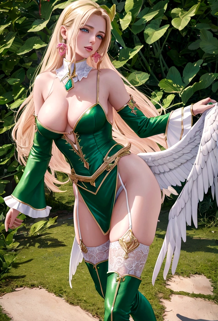 (best quality,4k,8k,highres,masterpiece:1.2), ultra-detailed, (realistic,photorealistic,photo-realistic:1.37), a tall blonde girl in her s with fair skin, bright blue expressive eyes, slightly larger chest, slender figure, long legs, wearing a white mini skirt with puffed sleeves and a split front, a green garter belt, and a pair of green knee-high boots fused with green high heels, the shoes adorned with a pink emerald embedded eagle-shaped motif on her chest, dressed in a predominantly light pink and white outfit.
