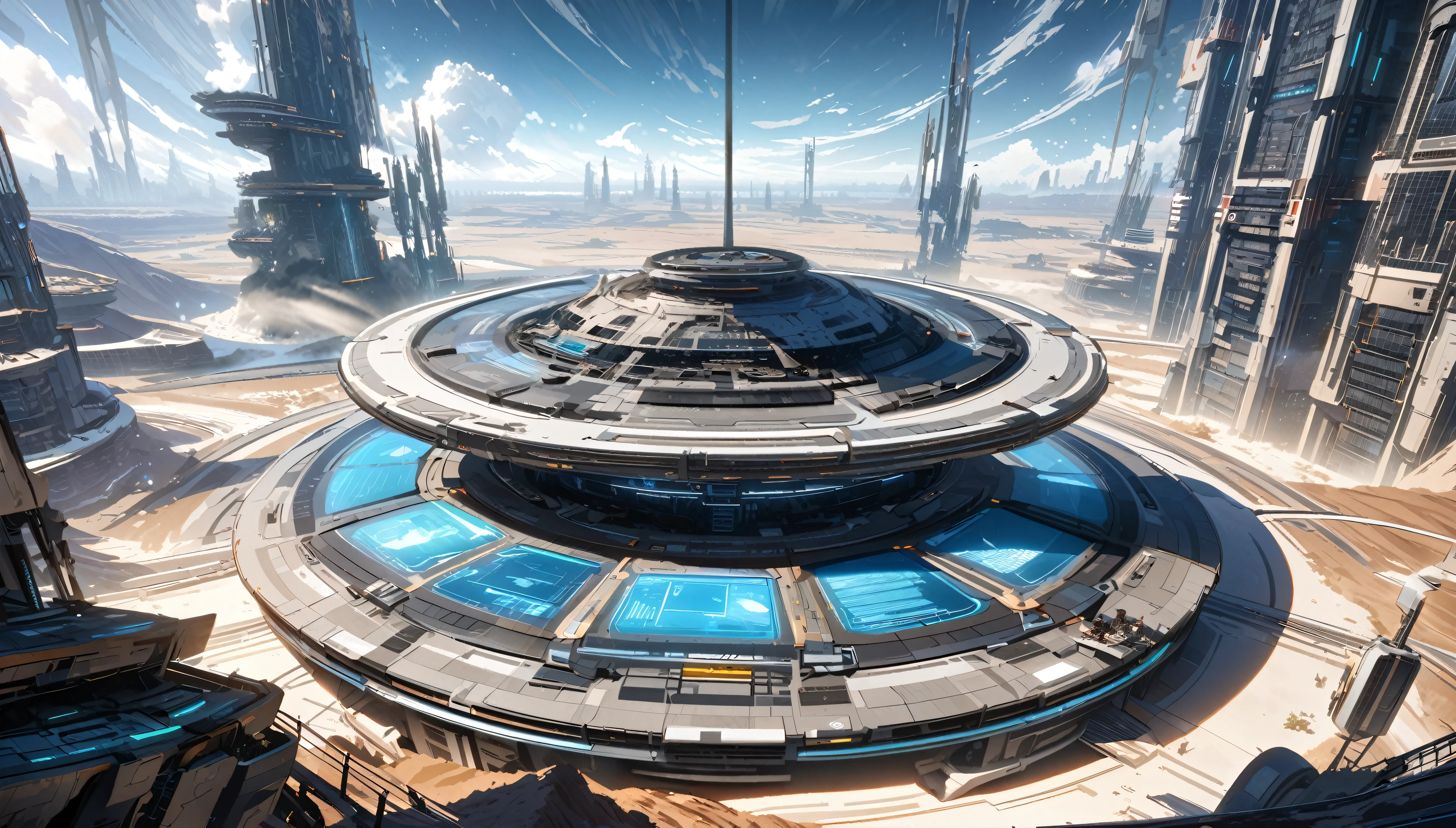 anime aestetics, science fictional landscape, bright day, space station on deserted planet, a futuristic building, a lot of creates around, two suns, double glares, hologram table, dust in the air, sandstorm far at the background, wide shot, atmospheric perspective, perspective, 4K, 8k, highres, best quality, award winning, super detail, accurate, masterpiece, UHD