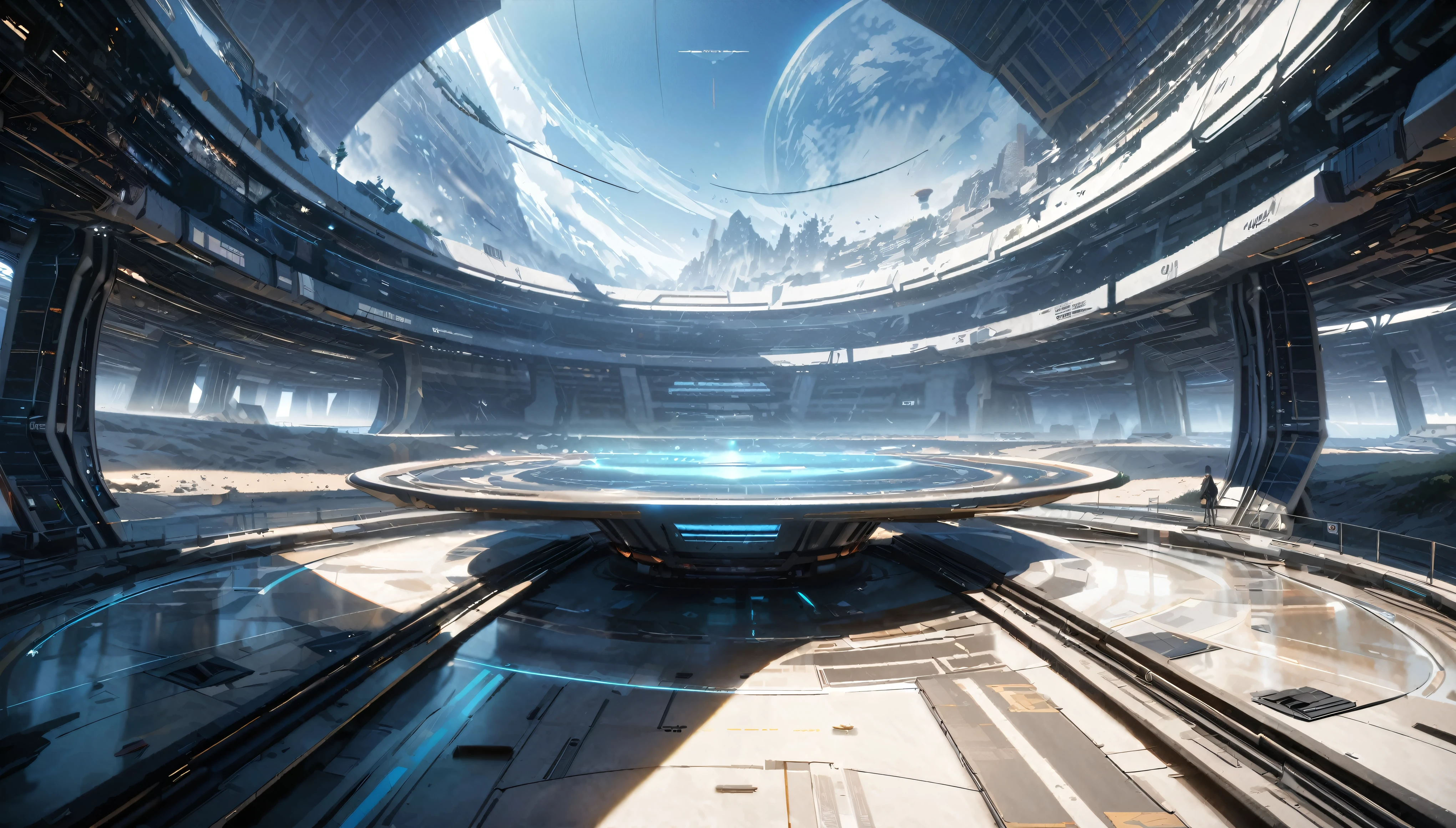  anime aestetics, science fictional landscape, bright day, space station on deserted planet, a futuristic building, a lot of creates around, two suns, double glares, hologram table, dust in the air, sandstorm far at the background, wide shot, atmospheric perspective, perspective, 4K, 8k, highres, best quality, award winning, super detail, accurate, masterpiece, UHD