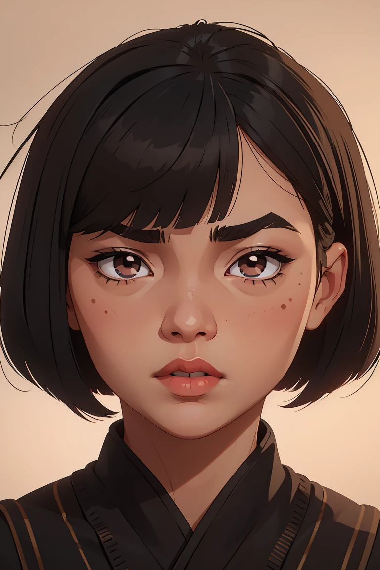 slightly chubby girl, medium-Length black bob cut hairstyle, bangs, rounder face, droopy nose tip, small round red lips, round cheeks, intense dark round asian eyes, beauty spot above eyes