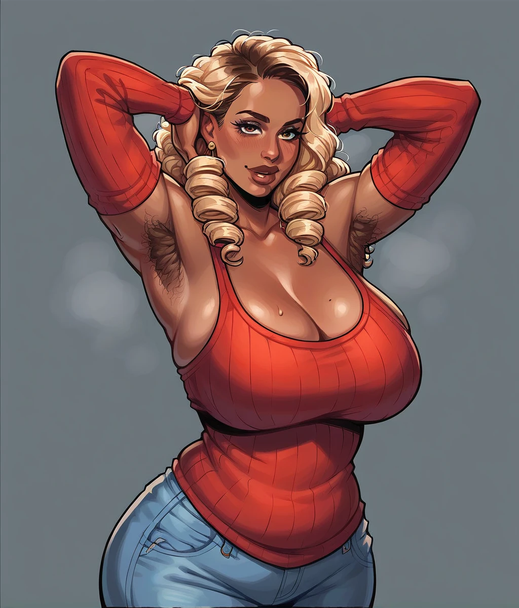 uploaded e621, score_9, score_8_up, score_7_up, score_6_up, score_5_up, score_4_up, rating_safe, smooth, source_furry, {realistic}, mature female, seductive, DARK SKIN, countershading, huge breasts, thick armpits hair {{{dark very very curly brown hair, blonde balayage highlights, long curly hair}, thick armpit hairi}}, jeans, sweater, cleavage, tall, brown lips, hazel eyes, wide hips, extra thicc, thick armpit hair