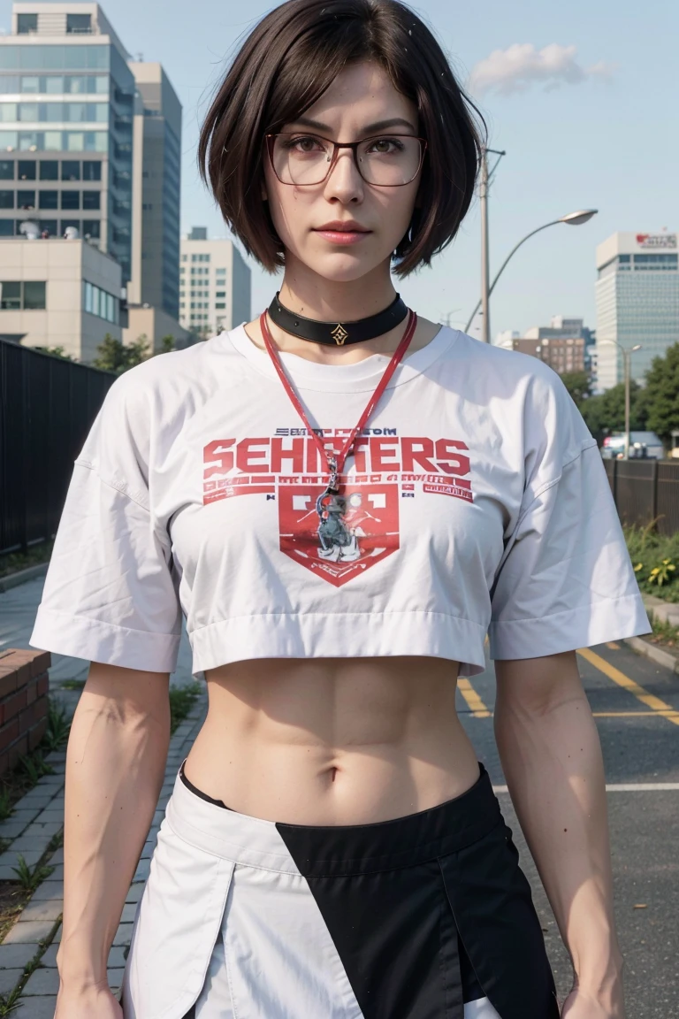 RGShiki, short hair, glasses, skirt,  super powerful, pink eyes, midriff, riding boots, white socks, toned arms, toned abs, tall and sexy, powerful, superb face, perfect body, tall, happy, smug, large chest, choker collar, 20yo, toned abs, evil smirk