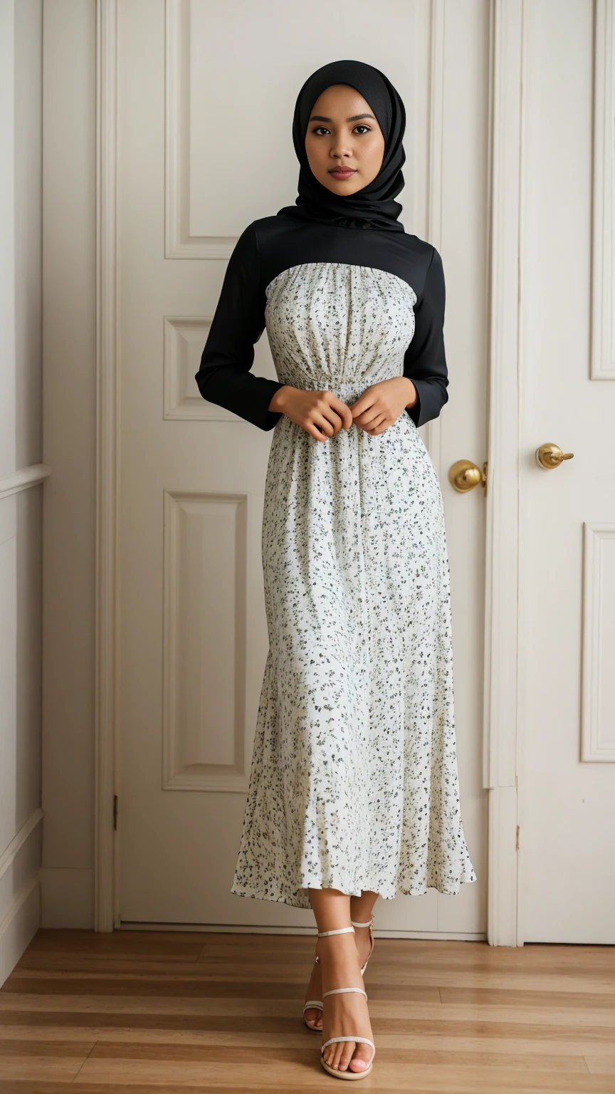 full body shot of (abbie_cornish:0.6) indonesian girl wearing a hijab, casual shirt, casual dress, long skirt, sandals, in a kitchen,face incredibly detailed, lips, realistic skin, solo,medium breasts,skin tight, puffy ,facial, masterpiece,best quality, Intricate, High Detail, dramatic, front view, wide view,RAW, Best quality, high resolution, masterpiece: 1.3), beautiful Indonesian woman in hijab, perfect hijab, Masterpiece, perfect fit body, big breast,big gorgeous eyes, Soft smile,beautiful face,thick thighs, woman in a black and white floral dress standing in front of a green door, modest flowing gown, beautiful soft silky dress, beautiful silky dress, beautiful detailed dress, stylish dress, swirly flower dress, wearing a long flowery dress, full covered dress, delicate patterned, long dress female, frock, flowery dress, baroque dress, lady with glowing flowers dress , (Delicate turtleneck) , Excellent lighting, Bright colors, Clean lines,