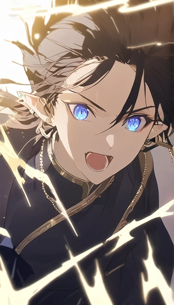 1man, elven ears, electric god, blue black hair, short messy hairstyle, glowing blue eyes, electric spark, monk, elegant thai clothes,