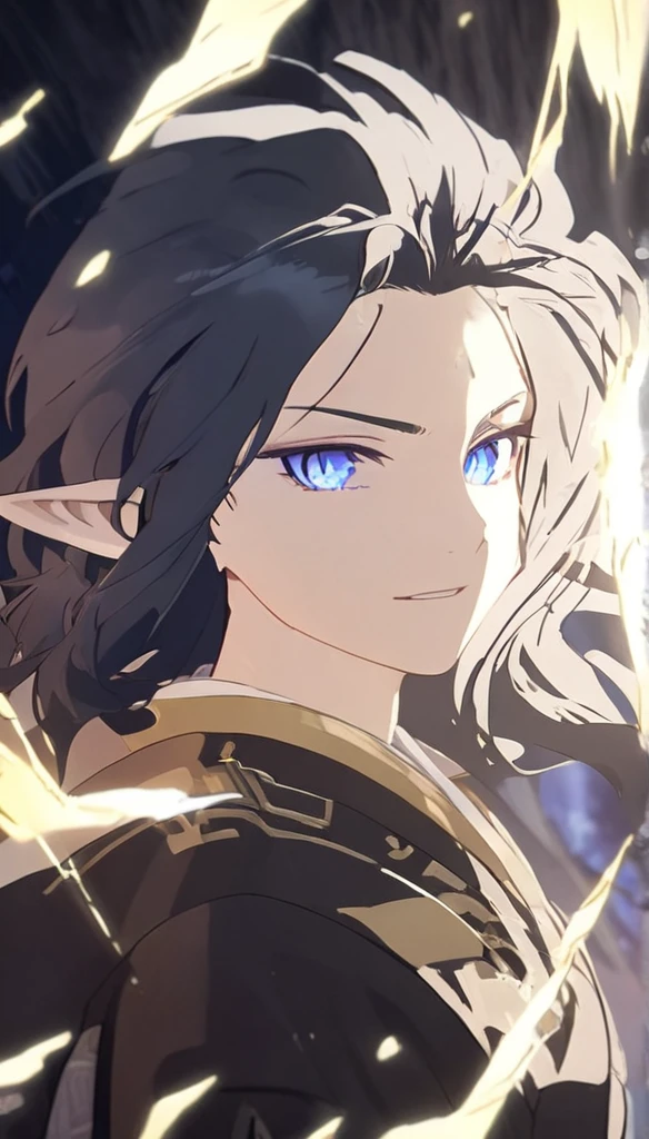 1man, elven ears, electric god, blue black hair, short messy hairstyle, glowing blue eyes, electric spark, monk, elegant thai clothes,