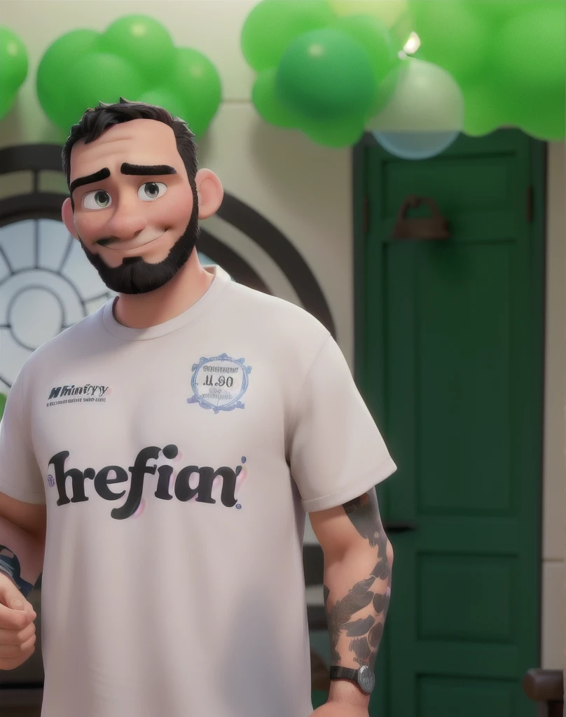 A man with shaved black hair, short beard, disney pixar style brunette, high qualiy, best qualityer.