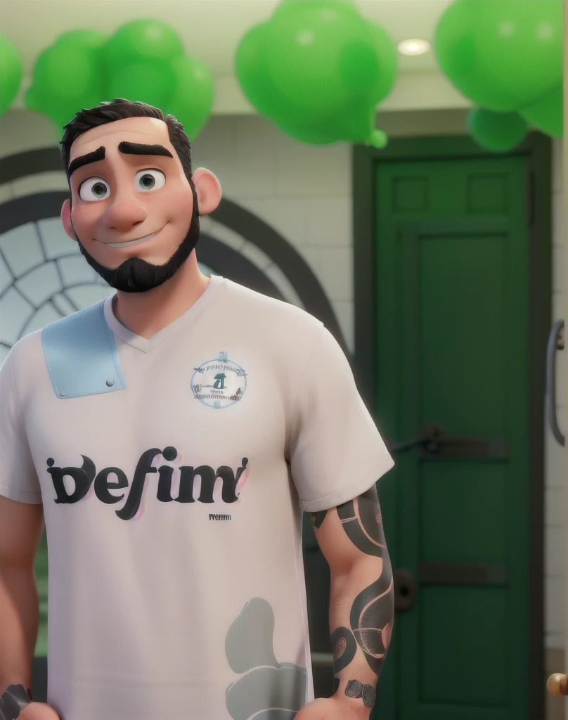 A man with shaved black hair, short beard, disney pixar style brunette, high qualiy, best qualityer.