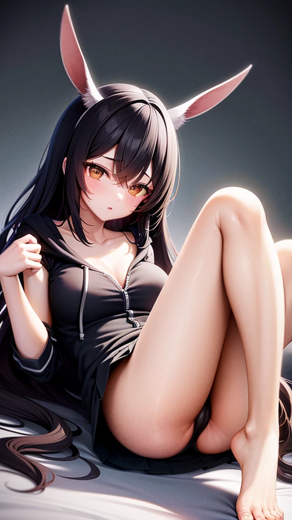 anime girl with hoodie and bunny ears on her head, anime moe art style, black haired girl lying on her bed