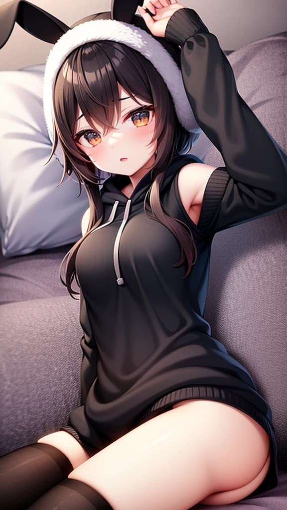 anime girl with hoodie and bunny ears on her head, anime moe art style, black haired girl lying on her bed