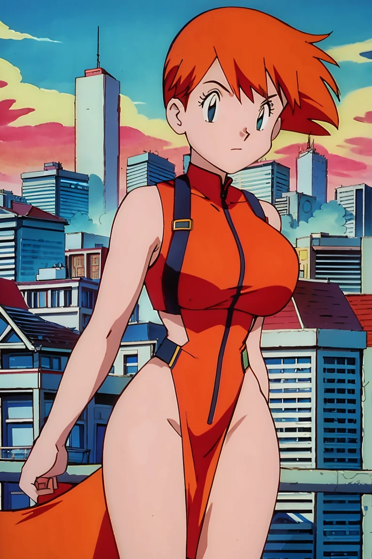 red-haired superwoman posing in front of a city skyline, perfect body, highly detailed giantess shot, sfw large breasts, giantess art, big breasts!!, covered sfw huge breasts, short hair