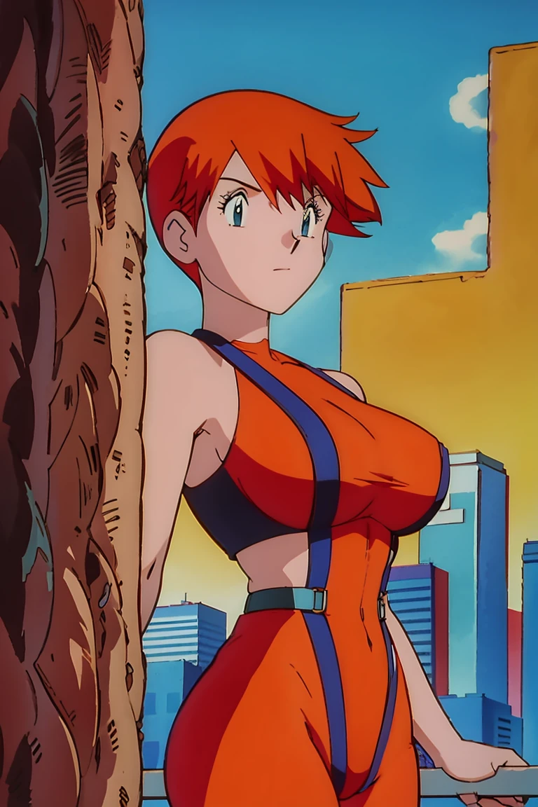 red-haired superwoman posing in front of a city skyline, perfect body, highly detailed giantess shot, sfw large breasts, giantess art, big breasts!!, covered sfw huge breasts, short hair