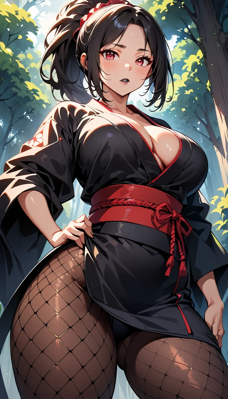 (high quality, 8k, 4K, high contrast, artwork:1.2, high quality, best aesthetics), (dynamic angle), ((1 woman)), erotic, sensual, mature body, super detailed, beautiful face detailed, beautiful eyes detailed, detailed beautiful mouth, sexy body, perfect breats, perfect wide thighs, black hair, short black hair, ponytail hair, red eyes, serious facial expression, women's black ninja kimono with red clouds printed, black fishnet pantyhose, black lipstick, kunoichi, ninja girl, forest, standing, erect posture, centralized, looking at the viewer, front view.