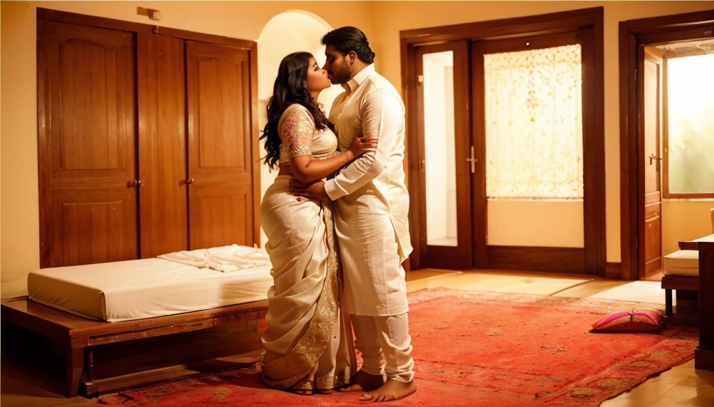 A 25 year old beautiful South Indian plus sized cream colour saree and black colour chiffon blouse wearing bride kissing a 48 year old groom in bed room, while laying on bed 