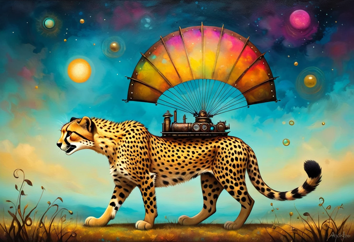 funny cheetah steampunk ( stile by Andy-Kehoe), very colorful, ((oil painting palette)), ((masterpiece)), extreme detail, perspective, 8k